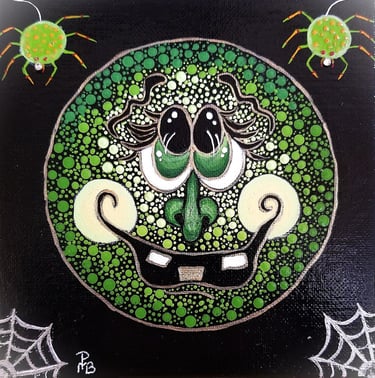 An emoji witch cartoon in bright greens with spiders and webs on the corners.