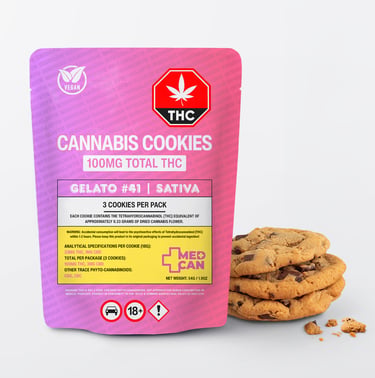 Gelato #41 Sativa cannabis cookies in pink 100mg THC packaging with three chocolate chip cookies.