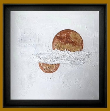 Toile abstraite "Douceur 1" blanc et doré encadrée 