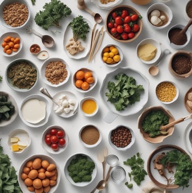 A meal is arranged on a textured placemat with geometric patterns. A vibrant blue bowl contains a fresh salad with leafy greens, diced tomatoes, cucumbers, and avocado. Next to it is a bowl filled with cooked grains, likely quinoa or bulgur, in a white and blue-rimmed bowl. A plate features grilled chicken breast with grill marks, placed beside a fork. A decorative glass holds an orange beverage, possibly juice.
