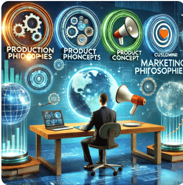 a man sitting at a desk with a laptop and a megaphone. It describes the 4 concepts of marketing