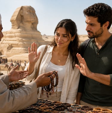 Tourists decline souvenirs near the Great Sphinx and Pyramids of Giza in Egypt.