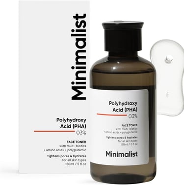 Minimalist Polyhydroxy Acid 03% face toner bottle and packaging for pore tightening.
