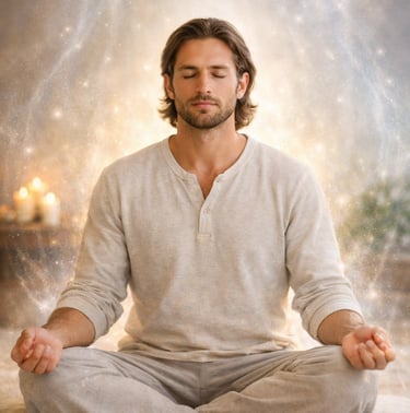 Person sitting calmly with eyes closed, surrounded by soft glowing light and a peaceful energy field