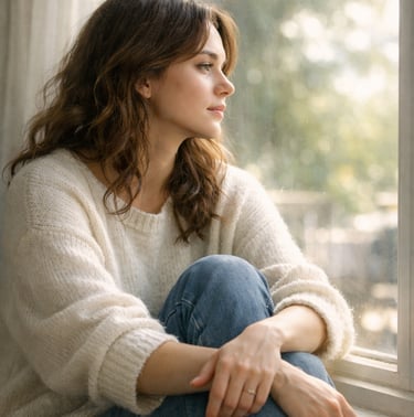 Thoughtful woman sitting by window in soft natural light, peaceful reflective mood, cozy indoor sett