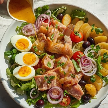 Fresh Niçoise salad with tuna, boiled eggs, potatoes, and olives being drizzled with vinaigrette dressing.