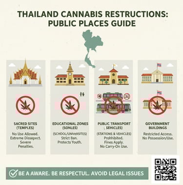 educational infographic showing Thailand landmarks with restriction symbols, including temples