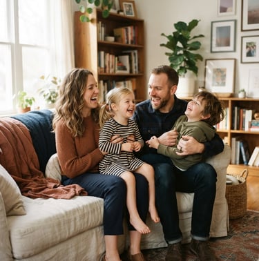 A warm editorial photograph of a young family laughing together in a sunlit living room, soft natural daylight, muted earth tones, 35mm