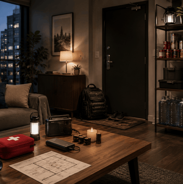 Emergency survival kit with first aid, food, and water stored in a modern apartment.