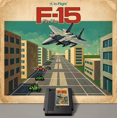 Vintage F-15 City War NES cartridge and box art showing a fighter jet flying over a pixelated city battle.