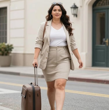A plus-size woman in an all-cream knitwear set walking down a quiet city street, soft sunlight
