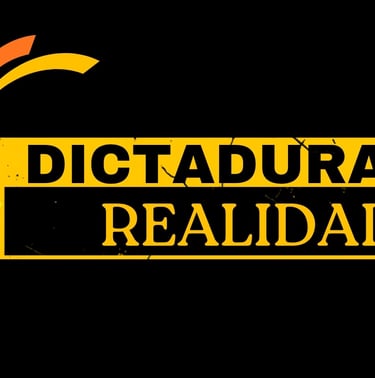 Dictaduras y Realidad logo with yellow and black text and a curved graphic on a black background.