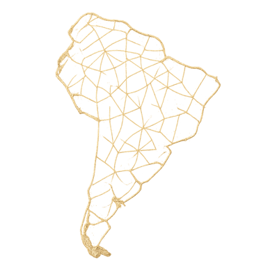 Gold outline map of South America made of dots and lines.