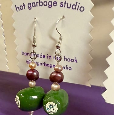 Gold hook dangle earrings with polymer clay blue cheese-stuffed olives and purple pearl beads