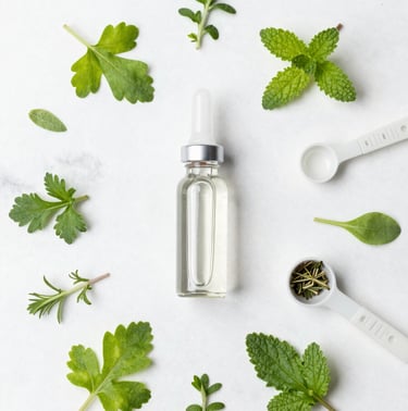 Overhead flat-lay of clean glass vials with herbal extracts, fresh green herbs, and precise measuring spoons on a clean white marble background, bright high-key natural daylight.