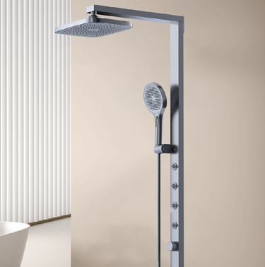 Modern brushed metal shower system with rainfall showerhead, handheld sprayer, and body jets.