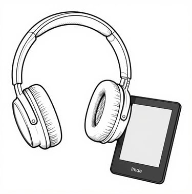 Line art illustration of over-ear headphones and an e-reader tablet for listening to audiobooks.