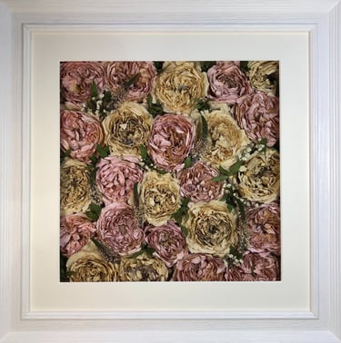 a flower wall style preserved wedding bouquet with gorgeous blousy blooms in a frame