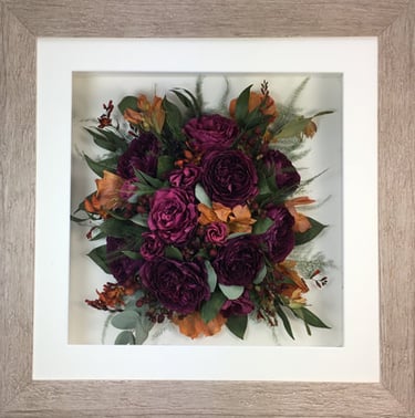 Birdseye view preserved wedding bouquet in a frame with gorgeous autumnal colours