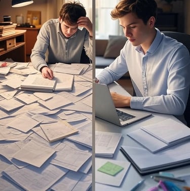 A split-screen of a disorganized person with paper chaos vs. a calm person using a digital planner, 