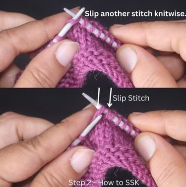 Step 2 of the SSK knitting decrease tutorial, demonstrating how to slip the second stitch knitwise onto the right needle.