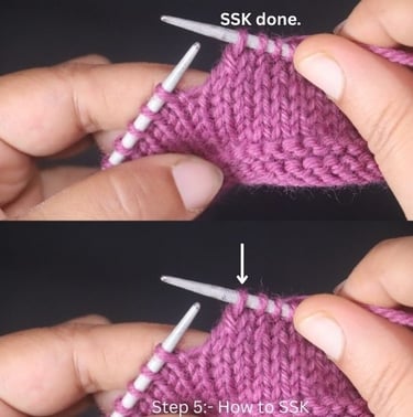 Completed SSK knitting decrease, showing the finished left-leaning stitch. Step 5 of the SSK tutorial.