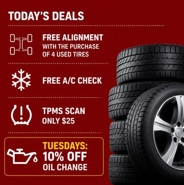 Today’s deals at Fast Tire Shop Bell Gardens including free alignment with the purchase of 4 used