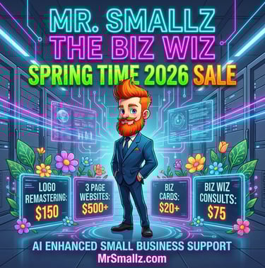 Mr. Smallz The Biz Wiz Spring Time 2026 Sale graphic featuring AI small business support services and pricing.
