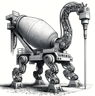 a concrete mixer with a cement mixer in the background
