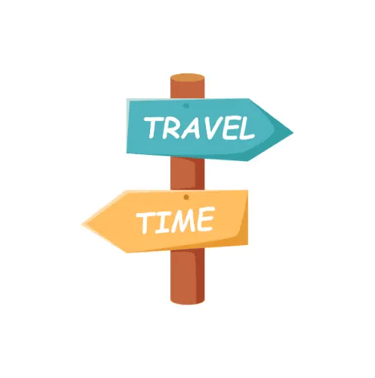 A wooden directional sign sticker with arrows pointing to travel and time on a black background.