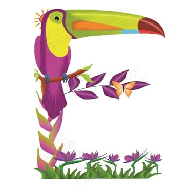 The letter E in tropical exotic wordart including a toucan, butterfly and bird of paradise flowers