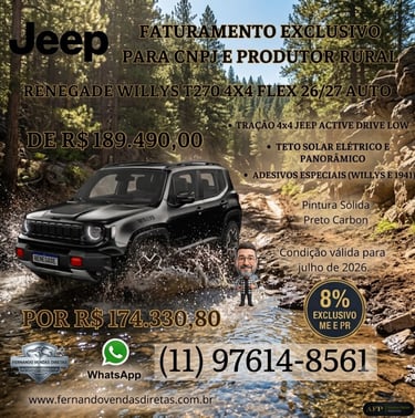 Black Jeep Renegade Willys T270 4x4 off-road in a river with special pricing for fleet and rural producers.