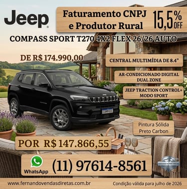 Black Jeep Compass Sport T270 SUV promotional offer for CNPJ and rural producers in Brazil.