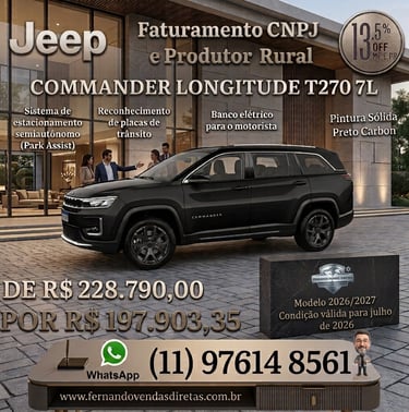 Black Jeep Commander Longitude T270 7L SUV parked in front of a modern dealership building.