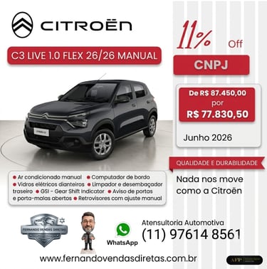 Promotional banner for a grey Citroën C3 Live 1.0 Flex manual car with price discount for CNPJ.