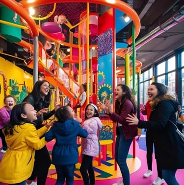 Happy children and adults cheering at a colorful indoor playground and climbing structure.