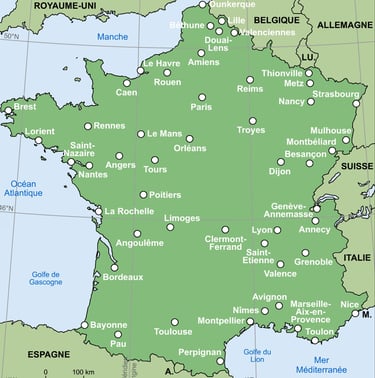 carte de france - magnetiseur teleconsultation nantes, paris, toulouse, lyon, brest, angers, tours