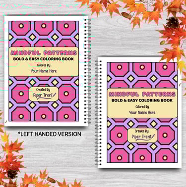 Personalized left and right-handed 'Mindful Patterns' bold and easy coloring book covers with autumn leaves design by Piper T
