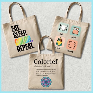 trio of tote bags with coloring related images and phrases