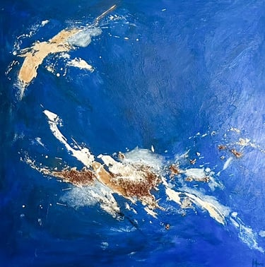 Peinture abstraite de Caroline Blanc artiste peintre tons bleus ocres terres en reliefs