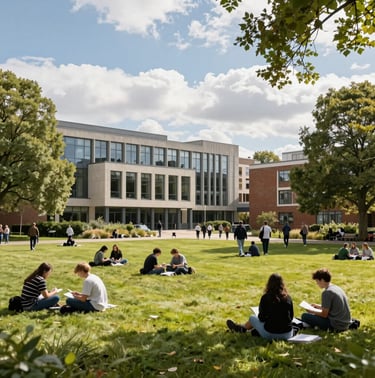 A diverse group of students smiling on a university campus with blue sky and modern buildings.