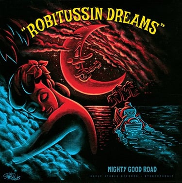 a woman in repose under a red crescent moon playing ukelele while a bottle of booze rows a boat