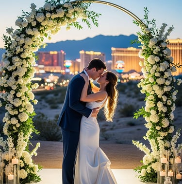 a bride and groom kissing in front of a wedding arch