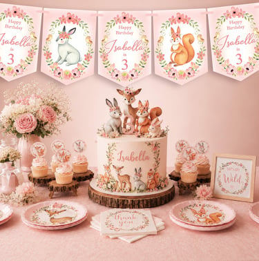 personalised forest animals birthday party banner and party table by Bunting & Beau