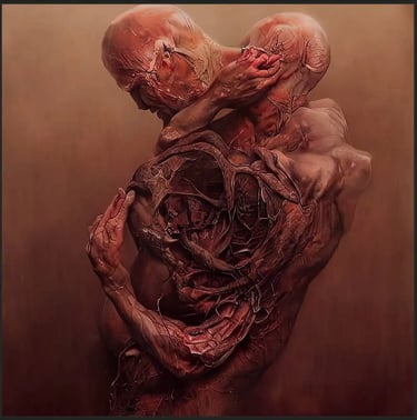 Fused dual-headed figure formed by organic matter, representing relational unity within chaos