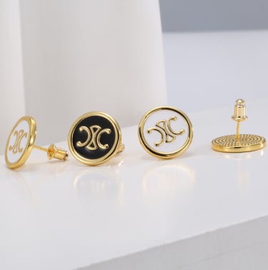 Gold-plated enamel round earrings — front view