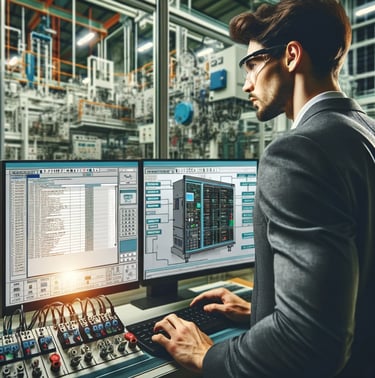 a programmer working on a computer in a manufacturing facility