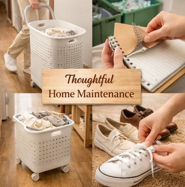 Mobile laundry basket, notebook recycling, and shoelace tying hacks