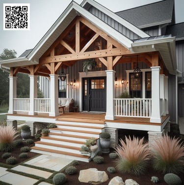 modern farmhouse, porch, portico, gable, wood beams, white accent, blue gray siding