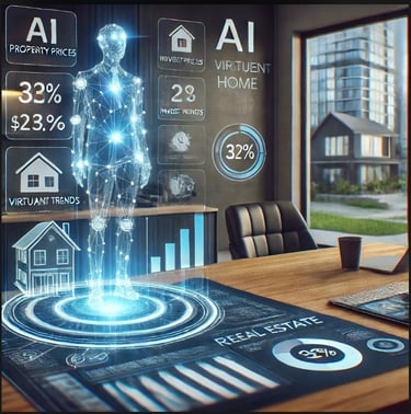un agent immobilier moderne utilisant un hologramme d’IA pour analyser des prix et tendances du marché